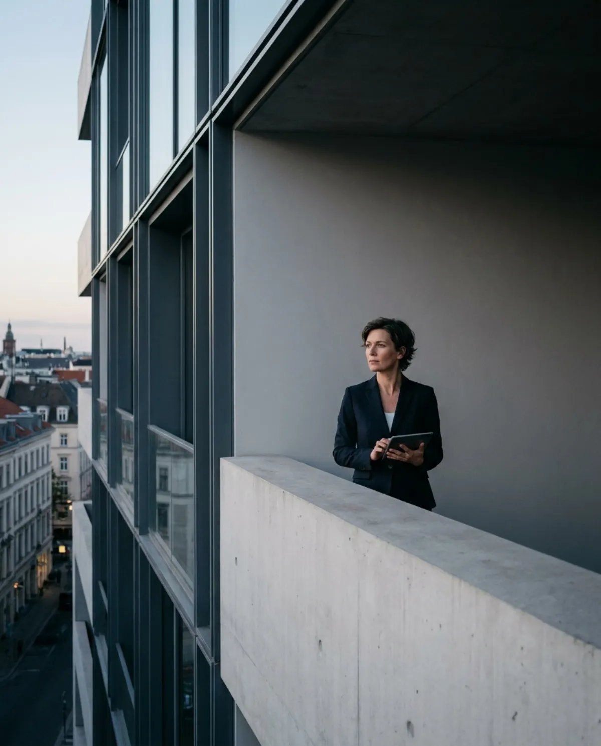 A founder in a contemporary European architectural workspace